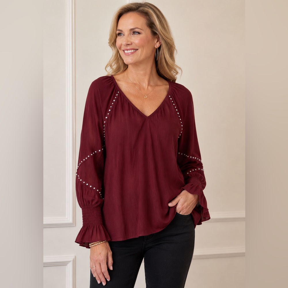 Ramy Brook NY XS Burgundy Studded V-Neck Blouse Smocked Cuff Boho Top